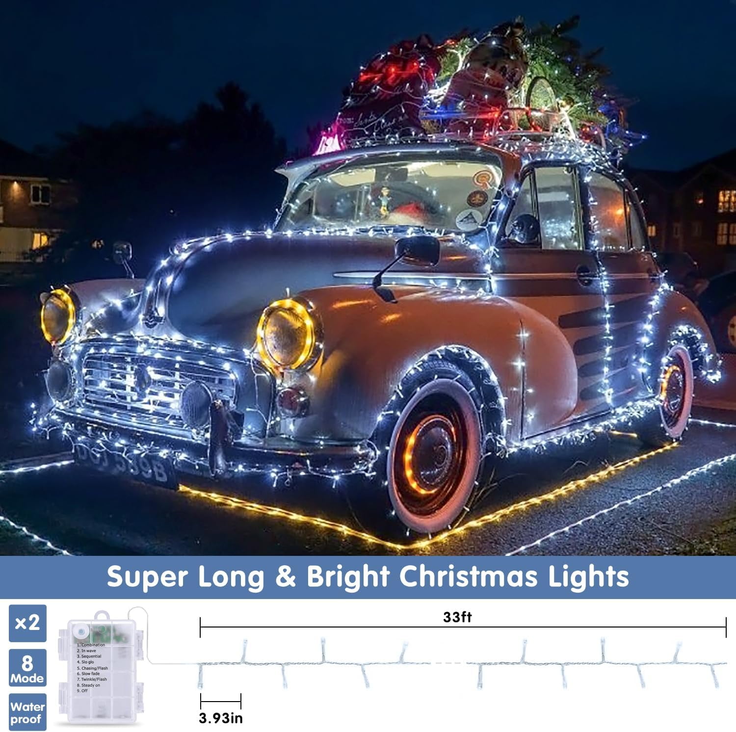 2 Pack White Battery Operated Christmas String Lights, Each 33ft 100 LED Wedding Lights Outdoor Indoor, with 8 Modes Remote Waterproof