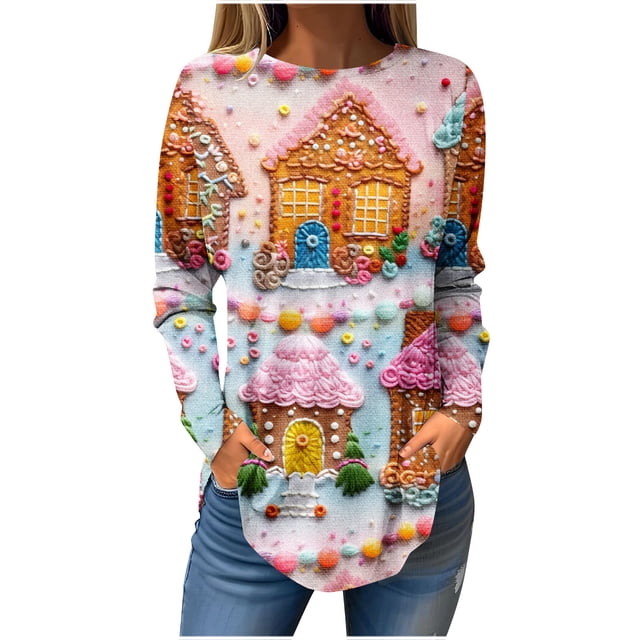 Birdeem Blouses de Noël à Col Rond pour Femmes, Manches Longues, Mode Automne