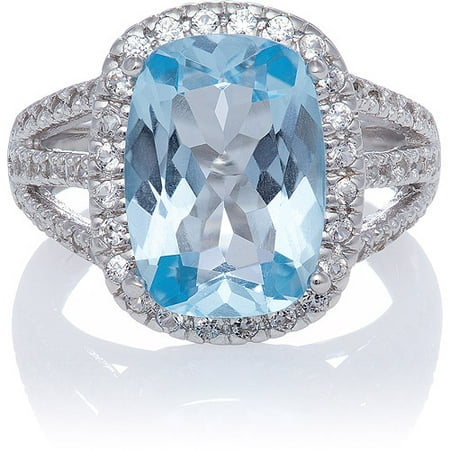 Blue Topaz Emerald-Cut Checkerboard with White Sapphire Sterling Silver Split Shank Ring, Size 7