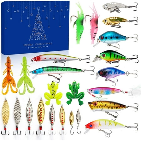PISONIC Fishing Advent Calendar 2024 Adult Men Teen Boys Fishing Lure Advent Calendarfor Freshwater Saltwater Soft Lures Spoons Minnow Popper Crankbait VIB Fishing Gifts