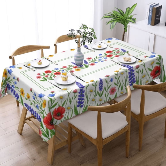 Wildflower Border Frame With Rectangle Tablecloth Waterproof Table Cloth Stain and Wrinkle Resistant Washable, Decorative Fabric Table Cover for Dining, Party and Camping