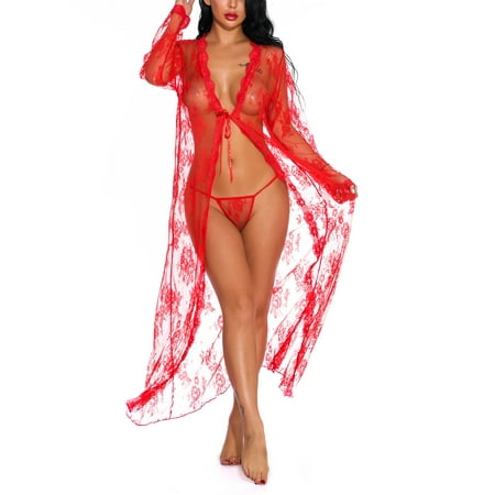 

Sexy Dance Plus Size Lingerie for Women Sexy Lace Kimono Robe Long Gown Mesh Chemise