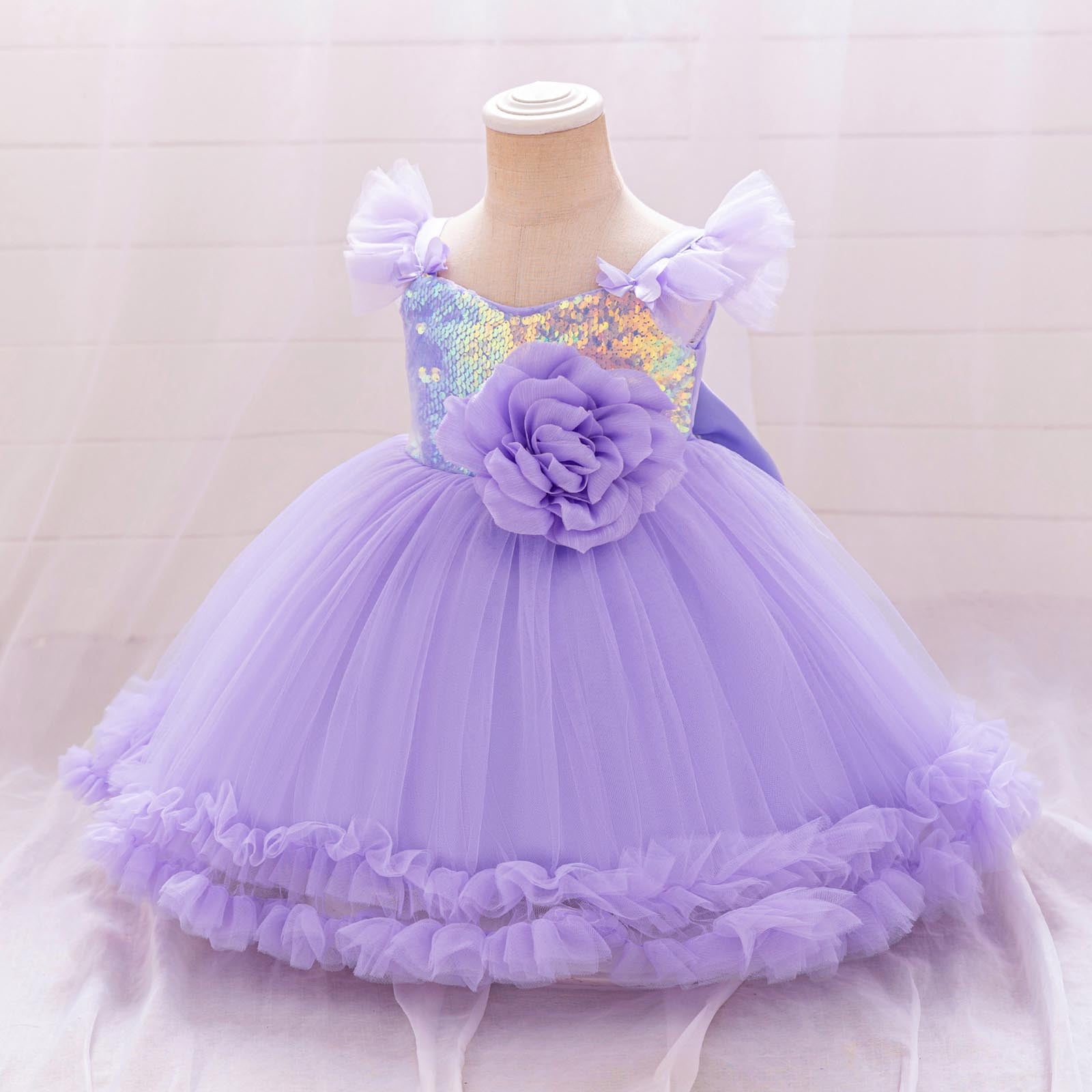 Sequins Prom Dresses for Girls Tulle-Tutu 6M-3Y Toddlers Kids Cute Cap Sleeve Floral High Waisted A-Line Solid Evening Party Dress 2025