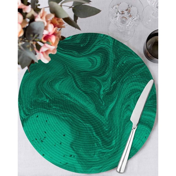 13 Inch Round Placemats Set of 4, Green Marble Non Slip Heat Insulation PP Table Mats, Modern Farmhouse Gradient Abstract Fluid Art Washable Place Mats for Kitchen Dining Party Table Decor