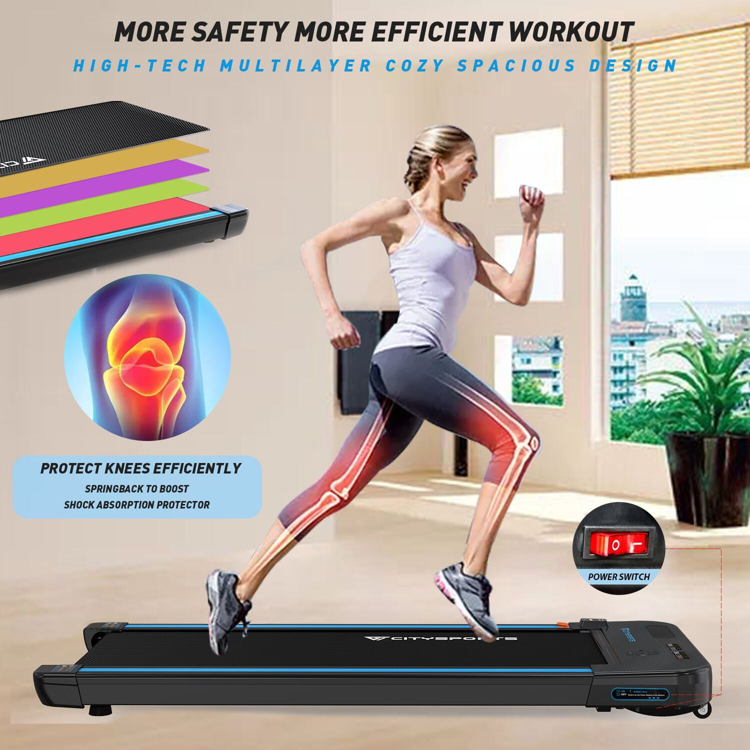Quiet and Comfortable Gym CITYSPORTS Folding Treadmill Office/Home Fitness 1-6 km/h Electric Walking Machine Easy to Move and Store 
