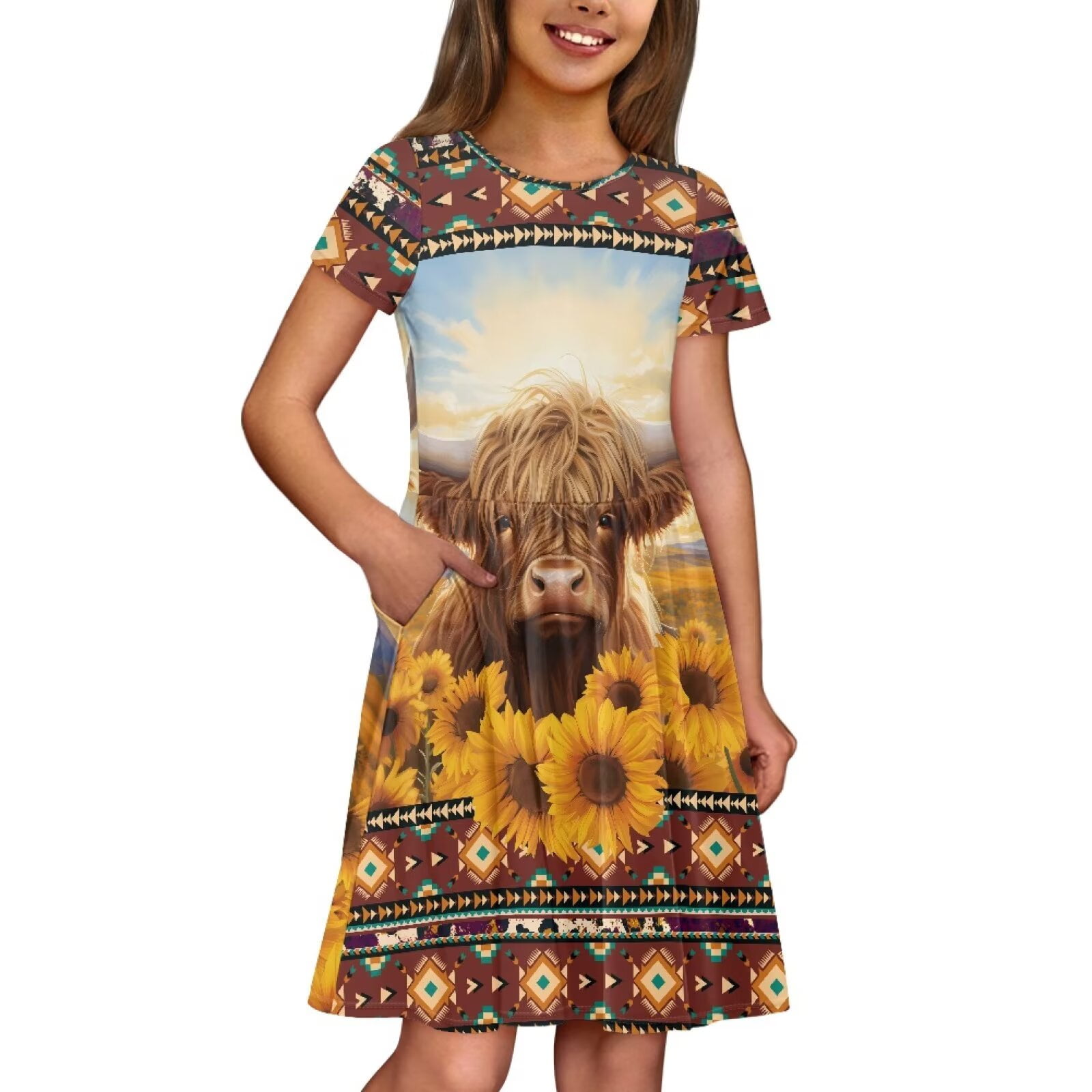Uourmeti Highland Cow Sunflower Girls Short Sleeve Swing Dress Summer Casual Crew Neck Midi Southwest Africa Aztec Wedding Party Dresses Casual Sundress with Pockets