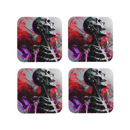 

Tebeau Artistic Skull Print Set of 4 Leather Drink Coasters Round Cup Mat Pad for Home and Kitchen Use 4 -Square