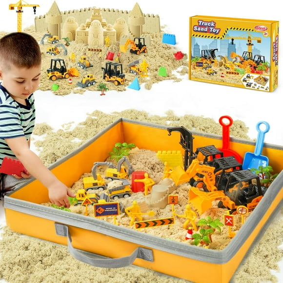 Billeeit Sand Construction Kit with A Big Foldable Sandbox and 2.2lbs Magic Sand, Truck Sand Construction Toys Including Castle Molds and Other Access