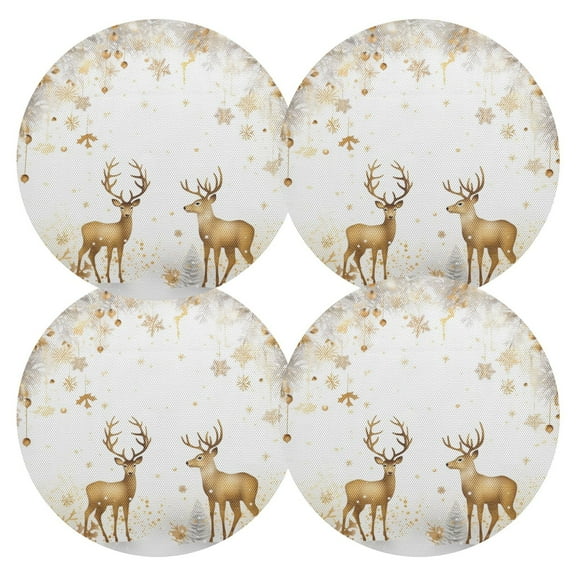 Ryvnso Christmas Deers Golden Round Plate Mats Dining Table Placemat Set of 4 for Holiday Decoration
