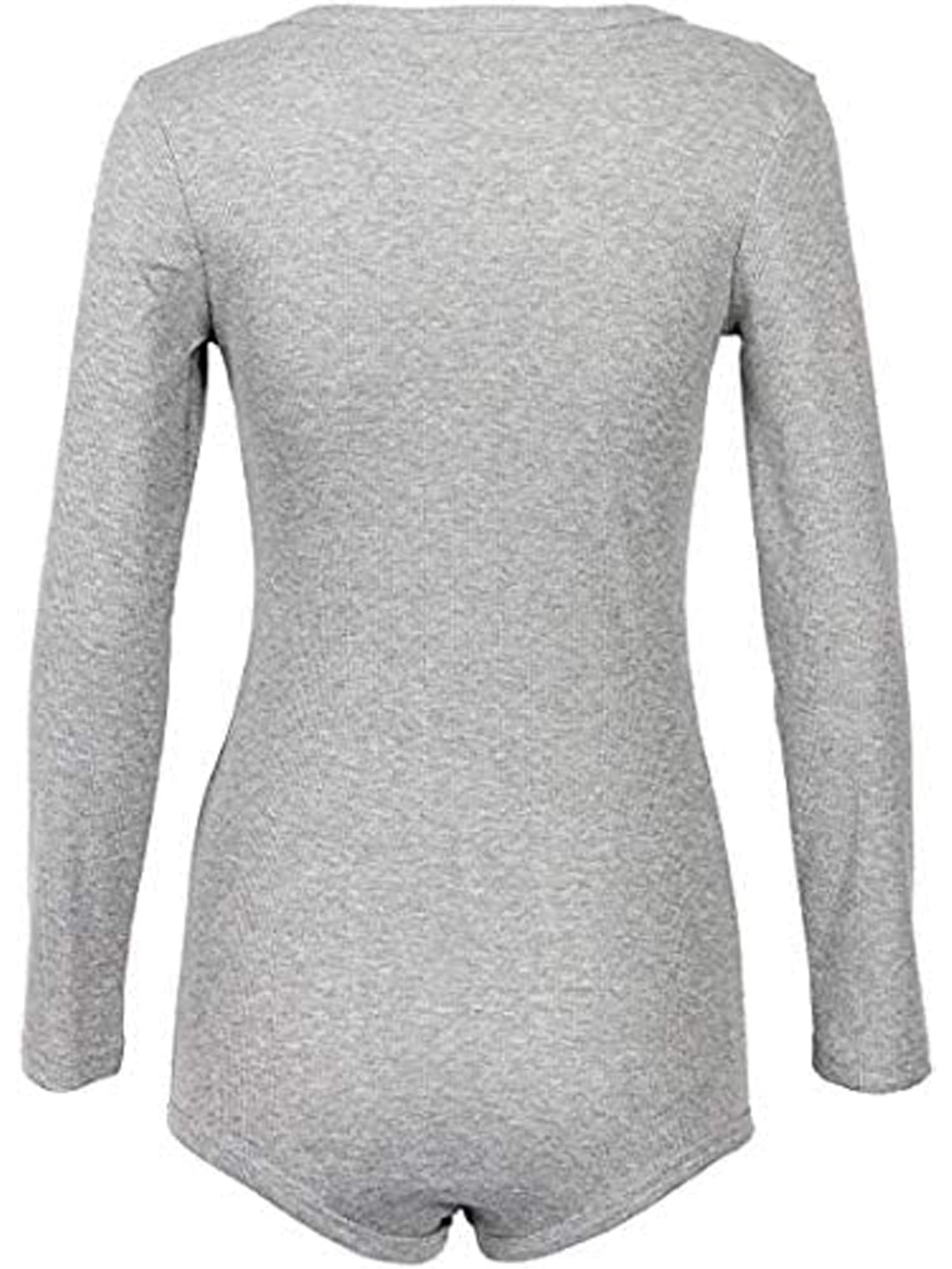 HAXMNOU Long Sleeve Deep V Neck Bodysuit Breathable Cotton Stretch Grey XL