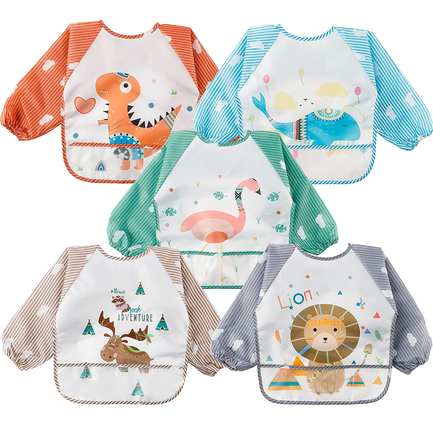 5Pcs Long Sleeved Bib for Babies Toddlers Waterproof Sleeved Bib with Great Capacity Pocket Colorful Food Bib Infants Feeding Bibs with Animals Pattern Gift for Baby Shower 6-36 Months