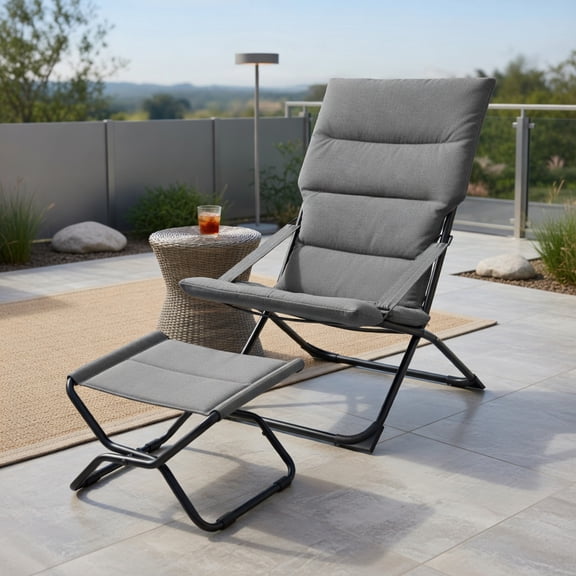 Topcobe Patio Folding Sling Chair with Ottoman Footrest and Removable Cushion, Outdoor Patio Furniture for Garden Backyard Pool Deck-Gray