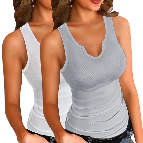 Vafful Tank Tops for Women Basic Sleeveless Shirts 2 Pack V Neck Ribbed Slim Fitted Tank Tops Workout Summer Blouse Sporty Sexy top Cami Ribbed Racerback Grey and White S-XXL