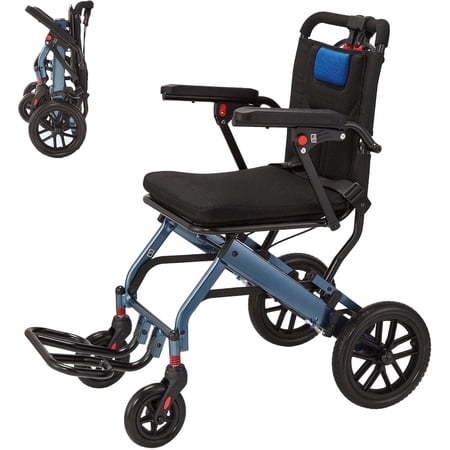 Portable Folding Wheelchair, Aviation Aluminum, 10" Shock Absorbing Wheels, PVC Seat, Two-Stage Brake, Navy Blue