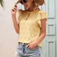 thumbnail image 4 of Defitshape Women's Flutter Short Sleeve T Shirt Cotton Summer Eyelet Top Cute Loose Flowy Lightweight Key Hole Knotted Ruffle V Neck Blouse Yellow Large, 4 of 4