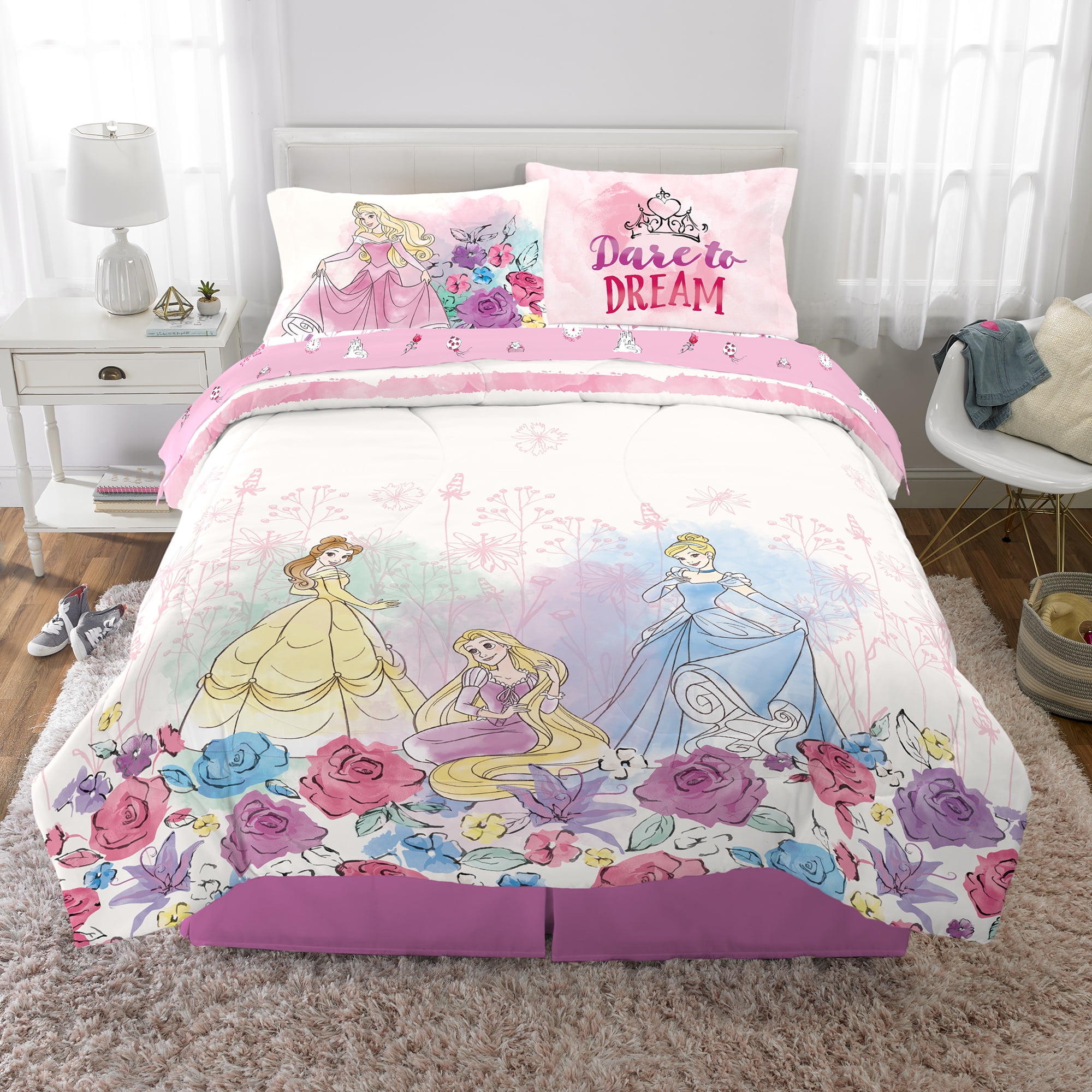 Disney Princess Bed-in-a-Bag, Kids Bedding Bundle Set, 5-Piece Full ...