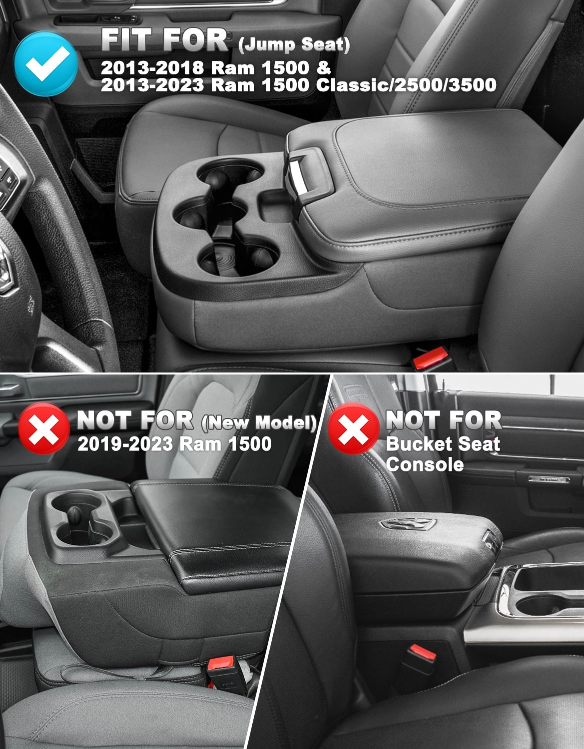 KBH Center Console Cover for Dodge Ram 1500 2013-2018, Ram 2500/3500/1500 Classic Model 2013-2025, Black Leather Middle Console Armrest Cover for Truck Accessories Interiror