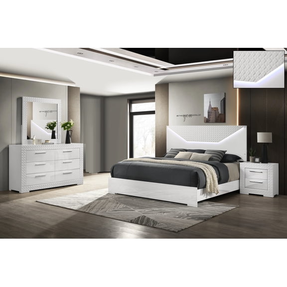 King Bedroom Furniture White Finish Wooden Panel Bed Dresser Mirror Nightstand 4-piece Set