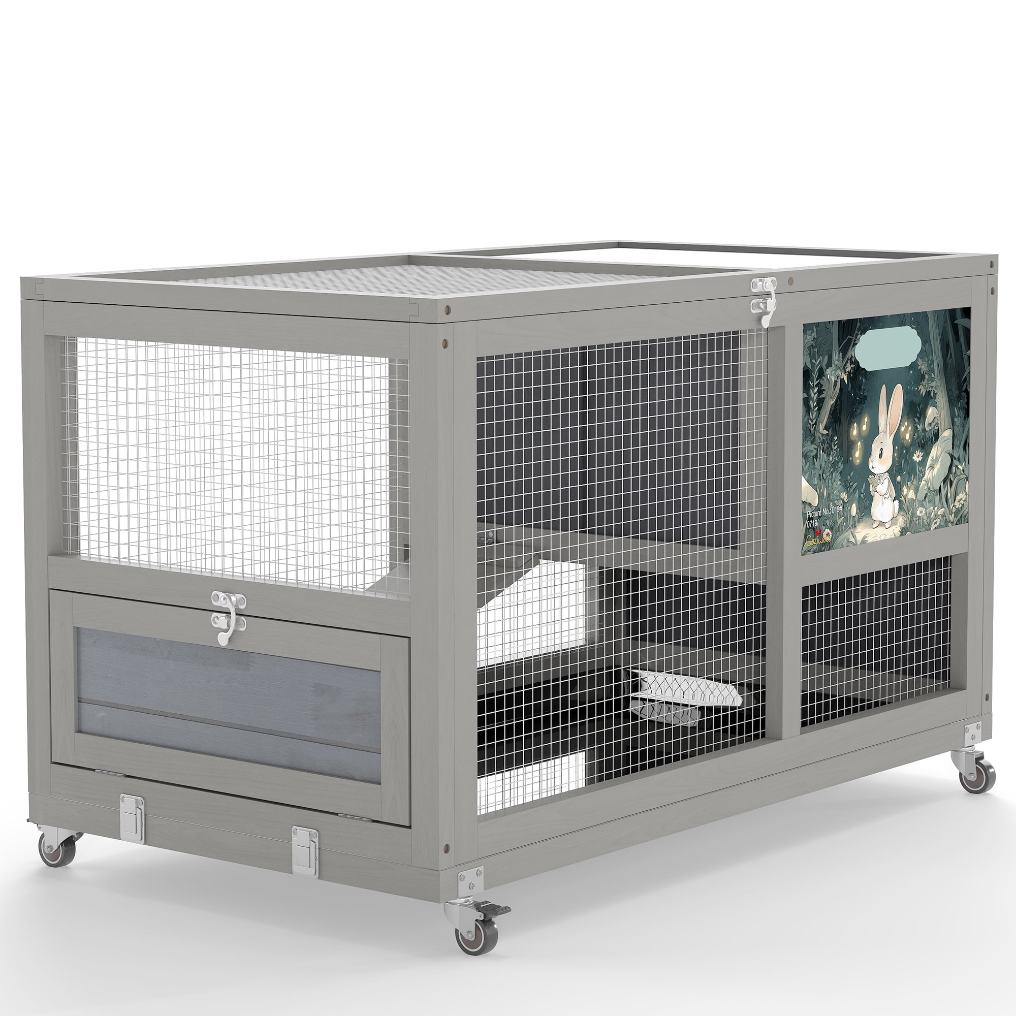 imerelez 2-Tier Bunny Hutch, Wood Rabbit Cage on Wheels with Openable Roof, Ramp, Easy-to-Clean Tray, Guinea Pig Pet House for Small Animals, Gray with Colorful Patterns