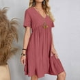 thumbnail image 4 of snilers Summer Dresses for Women Vacation Short Sleeve V Neck Loose Dress A-Line T Shirt Dress Pleated Swing Beach Sundresses, 4 of 9