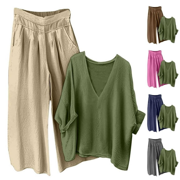 FRSASU Women Cotton Linen Outfits Solid Casual Loose V Neck Top Shirt High Waist Wide Leg Pants Fashion Sets Khaki XL(XL)