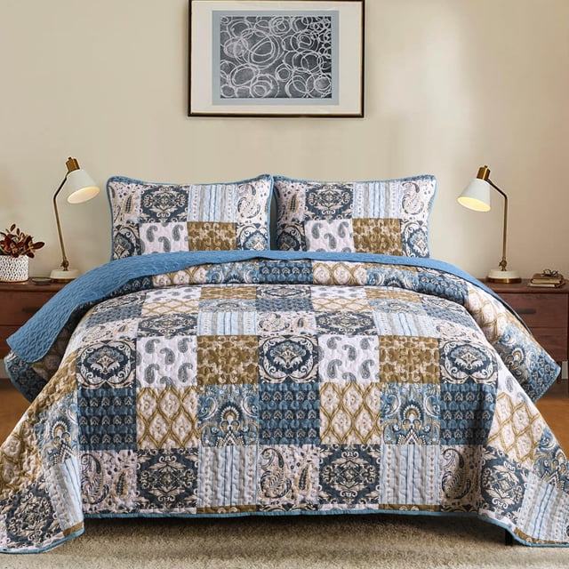 Juego de edredón WONGS BEDDING, estilo bohemio, tamaño king, azul, patchwork a cuadros