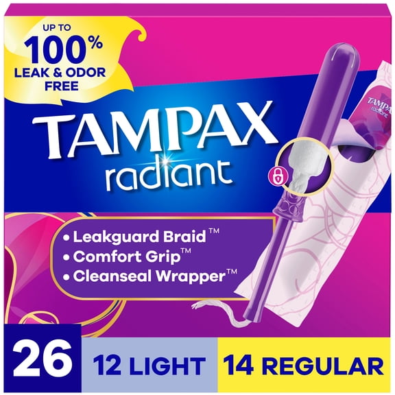 Tampax Radiant Tampons Multipack, with LeakGuard Braid, Light/Regular, 26 Count