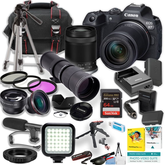 Canon EOS R7 Mirrorless Camera w/18-150mm and 420-800mm Lens   2pc SanDisk 64GB Ultra Memory Card   LED Light   Tripod   More (27pc Bundle) (International Version)