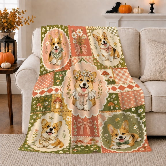 Cute Corgi Portraits Autumn Pumpkins Patchwork Corgi, Festive Pet Portrait Pattern, Warm Flannel Blanket for Living Room and Bedroom, Dog Lovers autumn celebration Gift, Pet Lover Home Decor