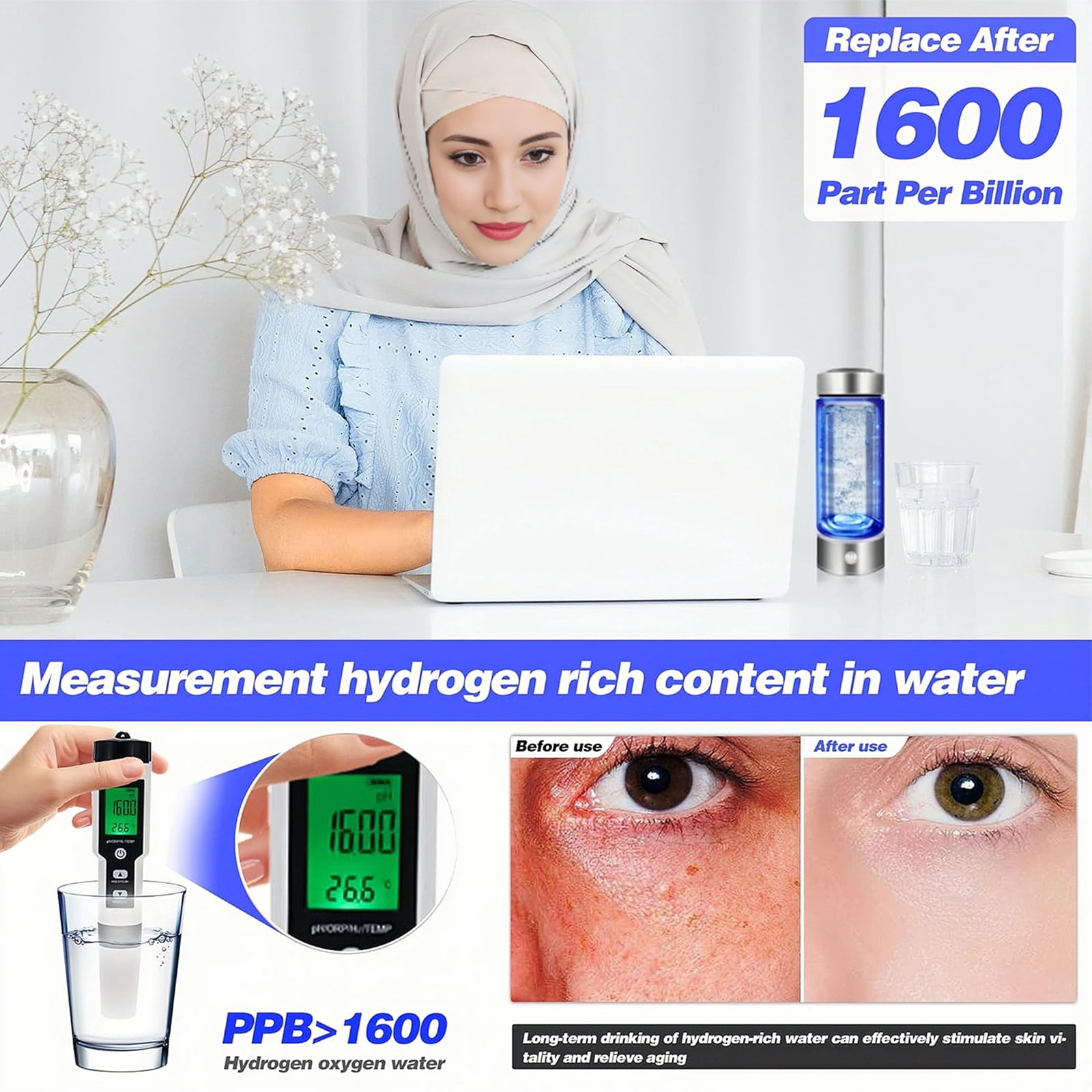 BITOUSHI Hydrogen Water Bottle Portable Hydrogen Water Ionizer Machine Hydrogen Rich Water Cup Generator with New SPE PEM Technology Water Glass for Office Home Travel Drinking - Silver