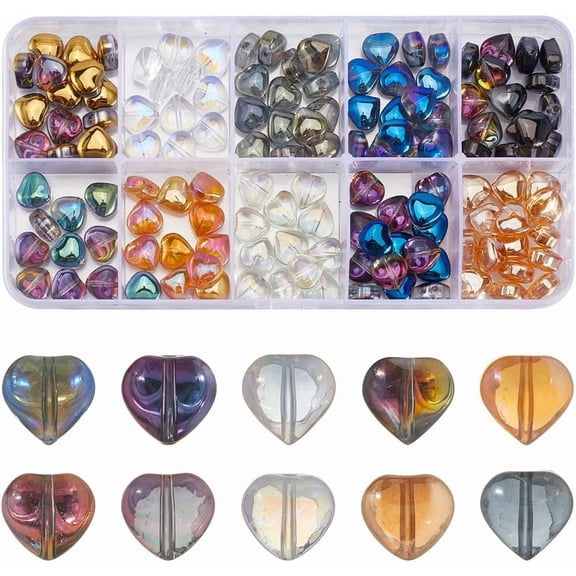 1 Box 160Pcs 10 Colors Glass Heart Shaped Beads Electroplated Glass Beads 8mm Colorful Crystal Metallic Plated Small Spacer Loose Bead for Jewelry Making Bracelet Necklace Beading DIY Craft