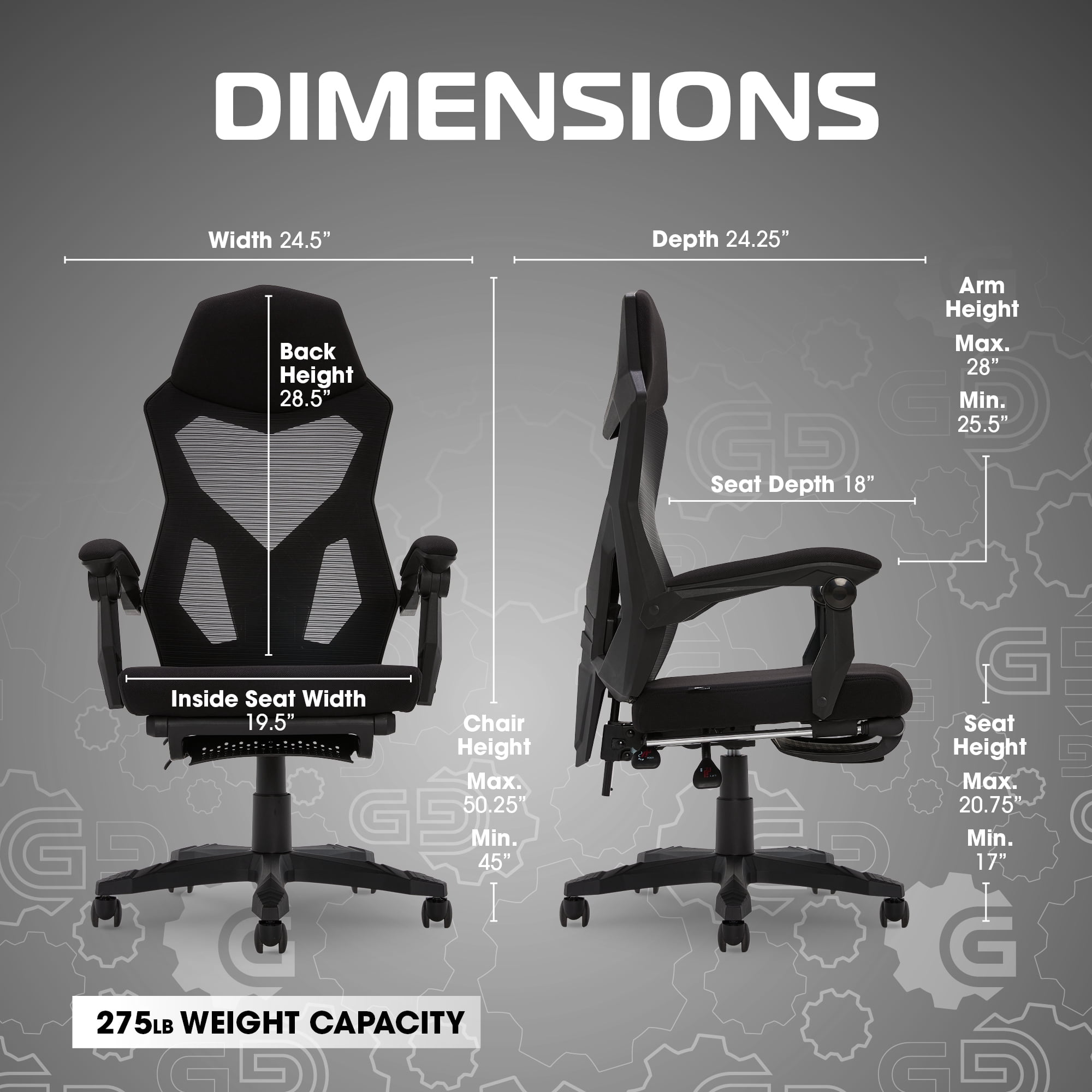 Gamer Gear Gaming Office Chair with Extendable Leg Rest, Black Fabric Upholstery