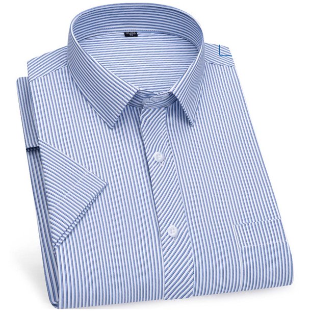 Blusa y camisa de manga corta con cuello vuelto para hombre, camisa informal de negocios con solapa y bolsillo de manga corta a rayas para hombre, blusa para hombre