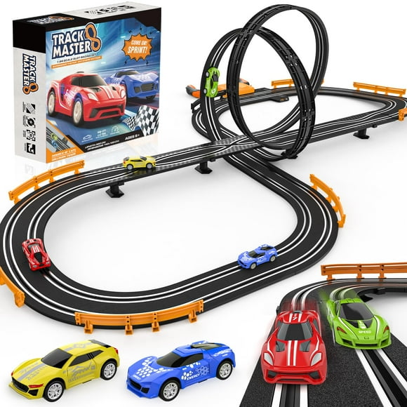 Juegos de pistas de carreras de autos con ranura para niños, pista de autos de carrera eléctrica o con batería con 4 autos con tragamonedas de alta velocidad, juego de carreras dual, 2 controladores m
