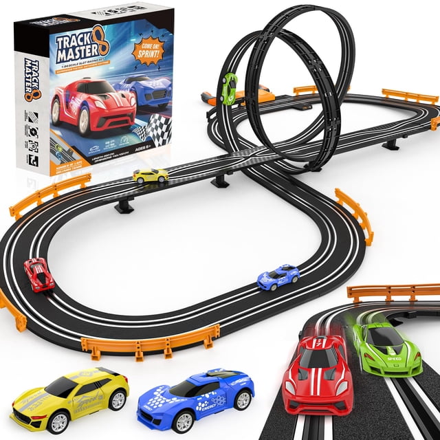 Juegos de pistas de carreras de autos con ranura para niños, pista de autos de carrera eléctrica o con batería con 4 autos con tragamonedas de alta velocidad, juego de carreras dual, 2 controladores m