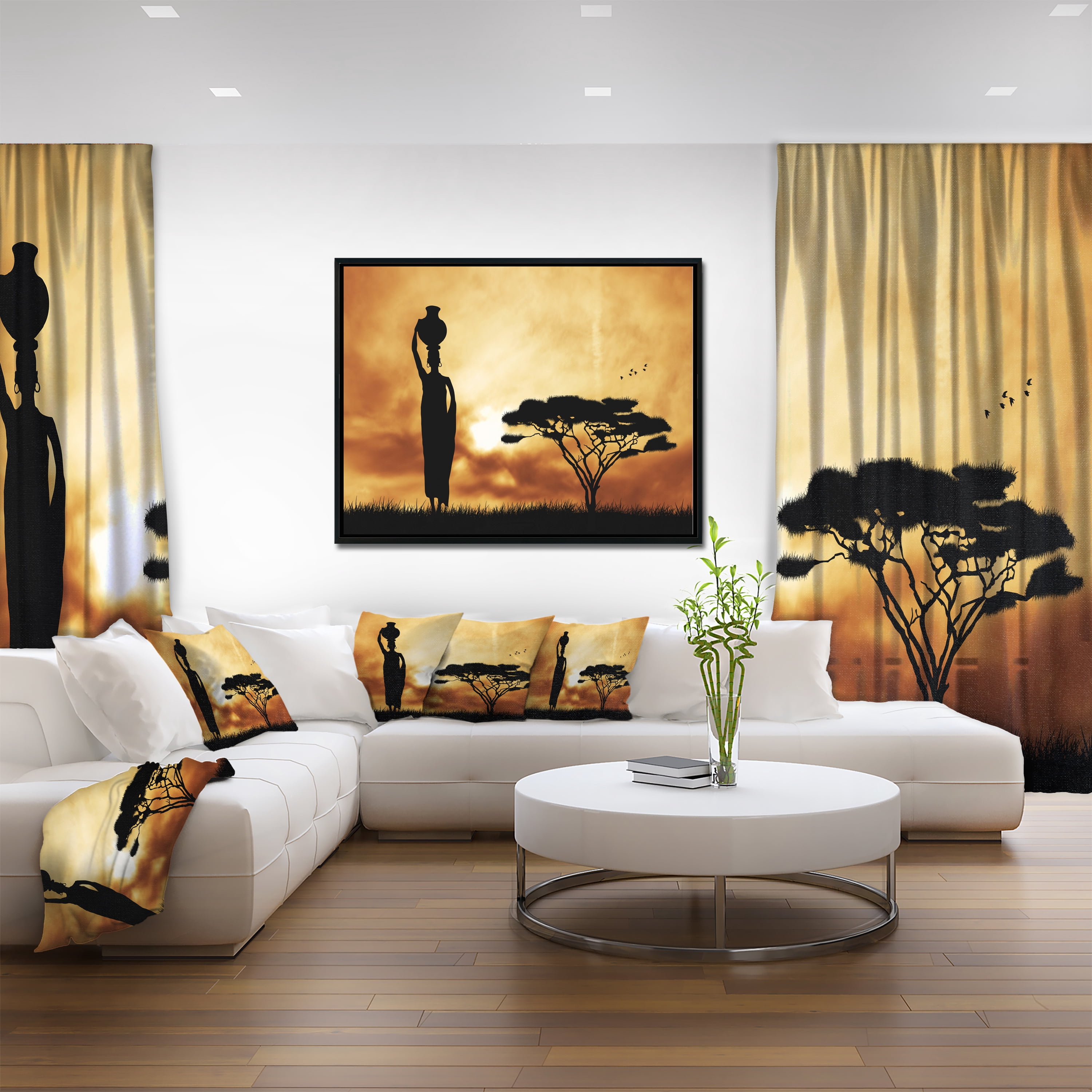 Designart ' African Woman and Lonely Tree ' African Landscape Framed Canvas Art Print