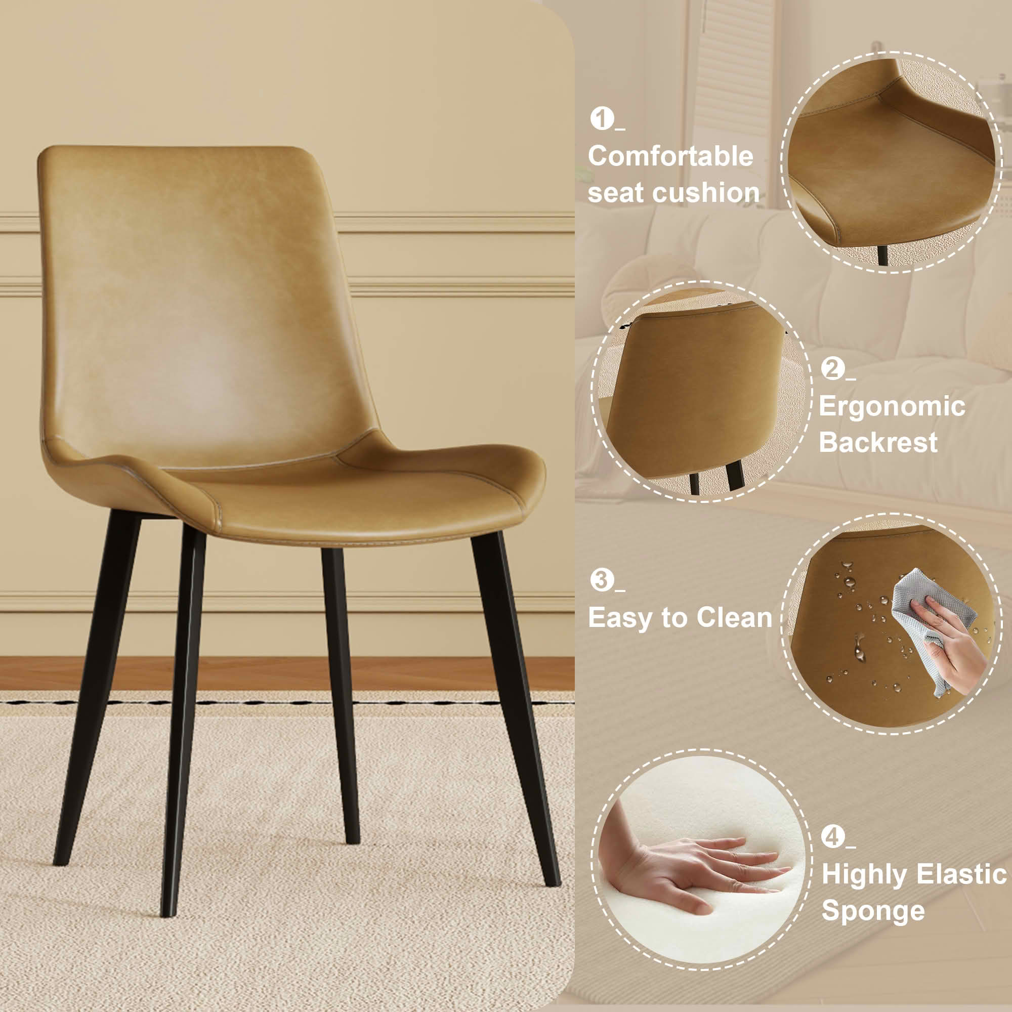 MAYEERTY Modern Dining Chair Set of 4, Brown PU Leather Seats & Black Carbon Steel Legs, for Home, Restaurant & Conference Room