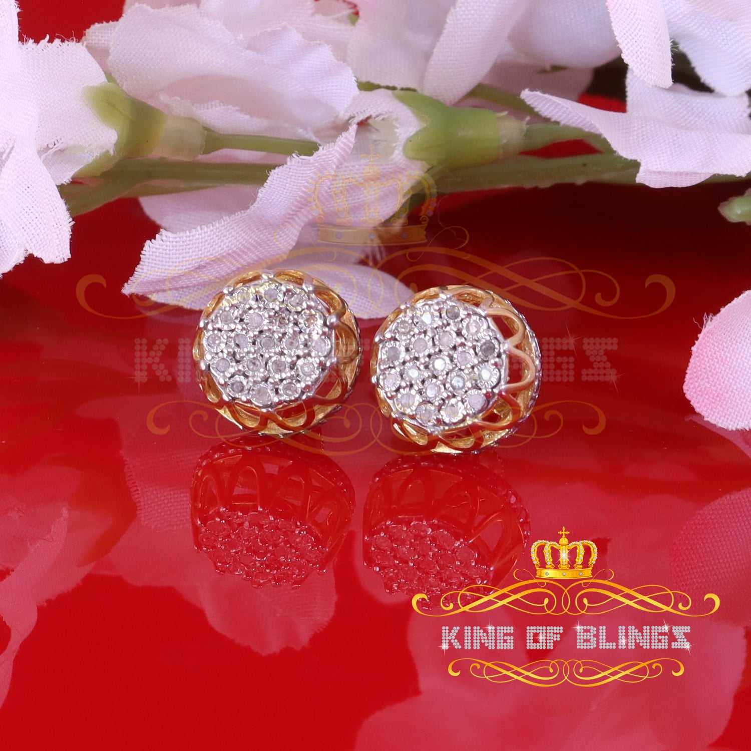 King of Bling's 0.08ct Diamond 925 Sterling Yellow Silver for Men's & Womens Stud Crown Earrings