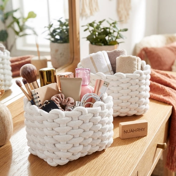 Small Storage Baskets 2Pcs, Square Cotton Rope Woven Basket for Shelves, Bathroom, Dresser Top, Desk, Minimalist Chic Storage Bin