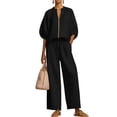 thumbnail image 2 of Two Piece Outfits for Women Zip Front Top Wide Leg Pants Set Casual Summer Matching Set Loose Fit Tracksuit,Black L, 2 of 5