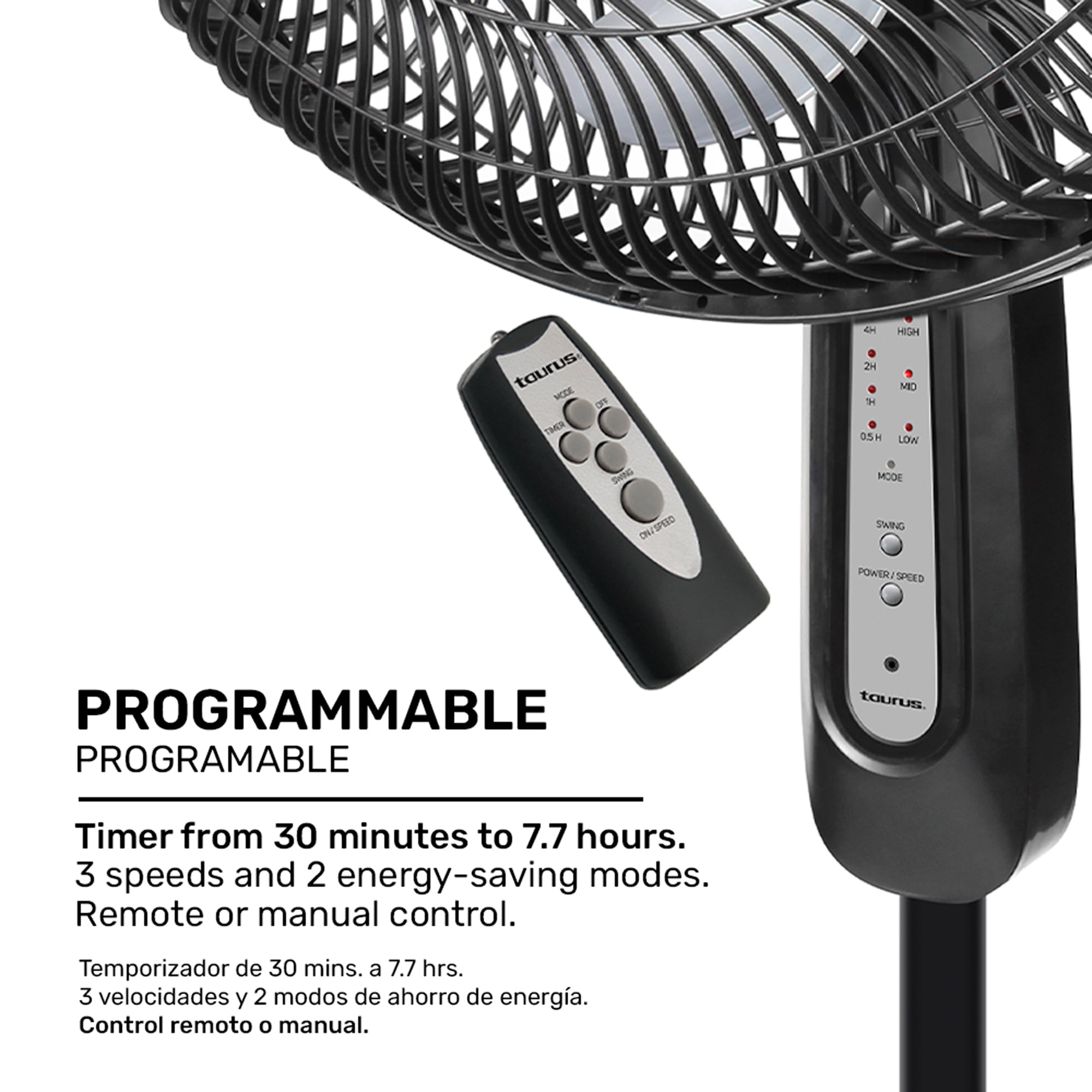 Taurus Turbo Cycle 18 in Pedestal Fan with Remote Control, Timer, and ECOJET Grille, Oscillating Quiet Fan with Adjustable Height and 3 Speeds – Ideal for Bedroom, Living Room or Office