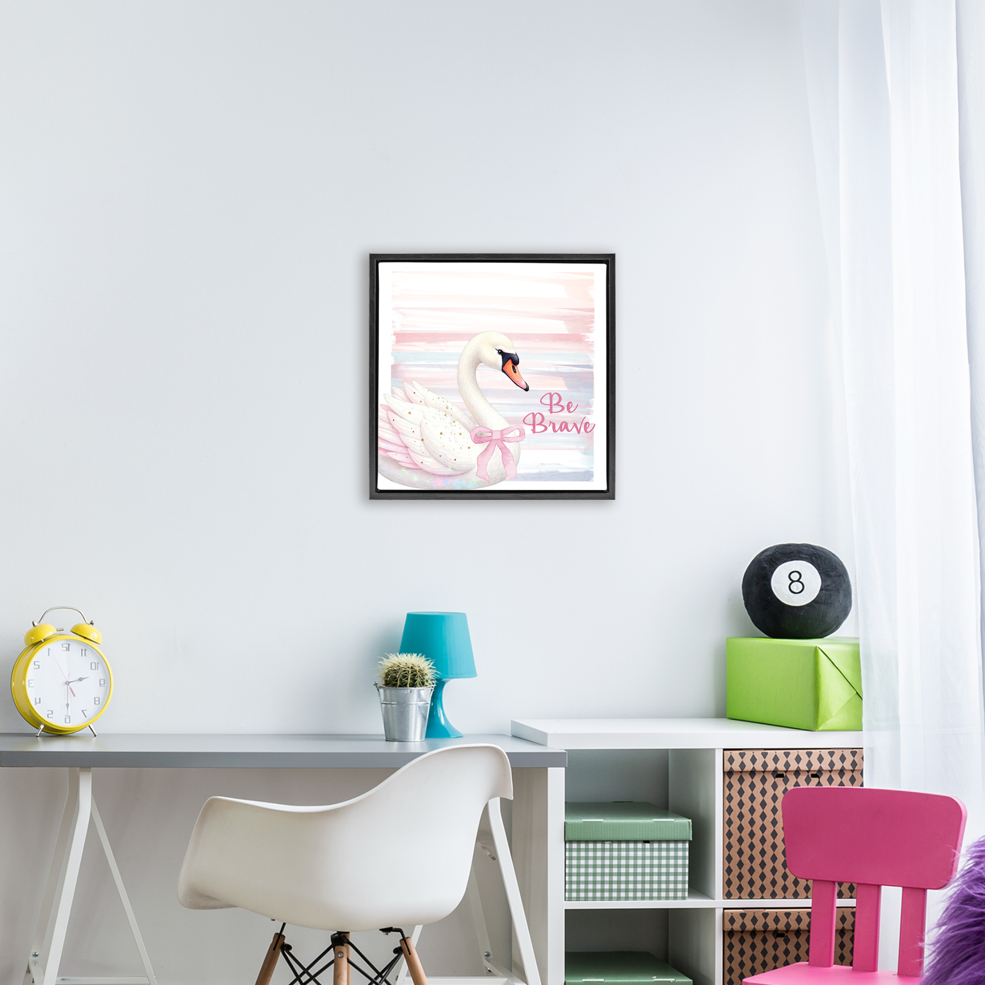 Be Brave Pastel Swan Black Framed Floater Canvas Wall Art, design by Kim Allen
