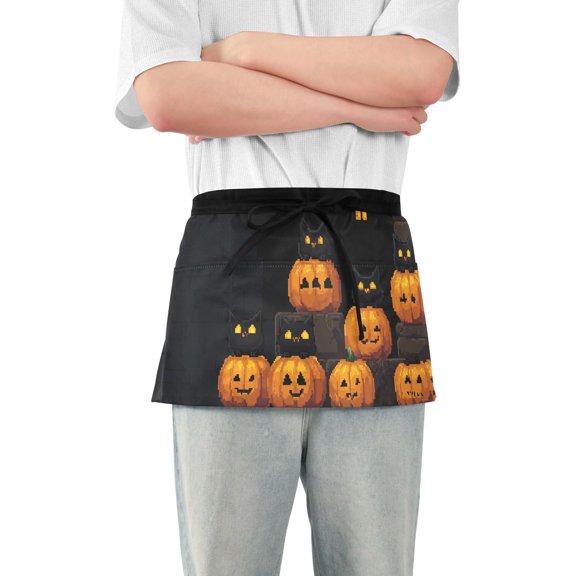 Halloween Pumpkin Pixel Waist Apron Adjustable Server Half Apron Kitchen Cooking with 3 Pockets for Men Women