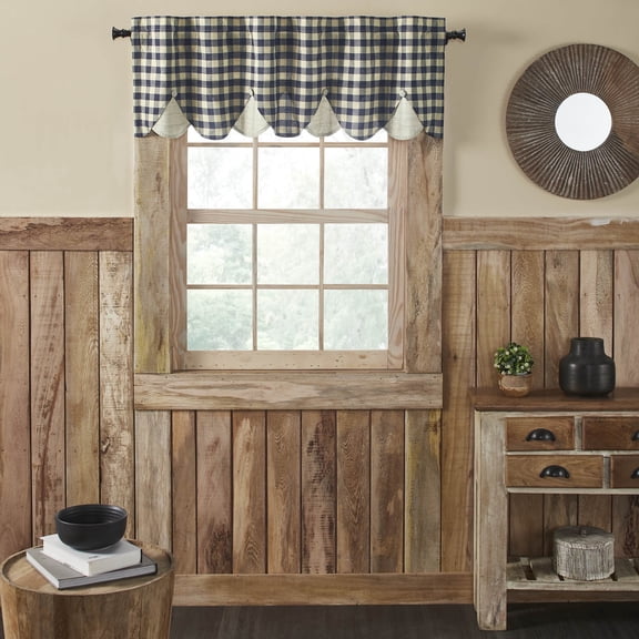 VHC Brands My Country Scalloped Layered Valance 18x60, Window Treatment, Bedroom, Living Room, Dining Room, and Kitchen Decor, Cotton, My Country Collection, 18x60, Navy