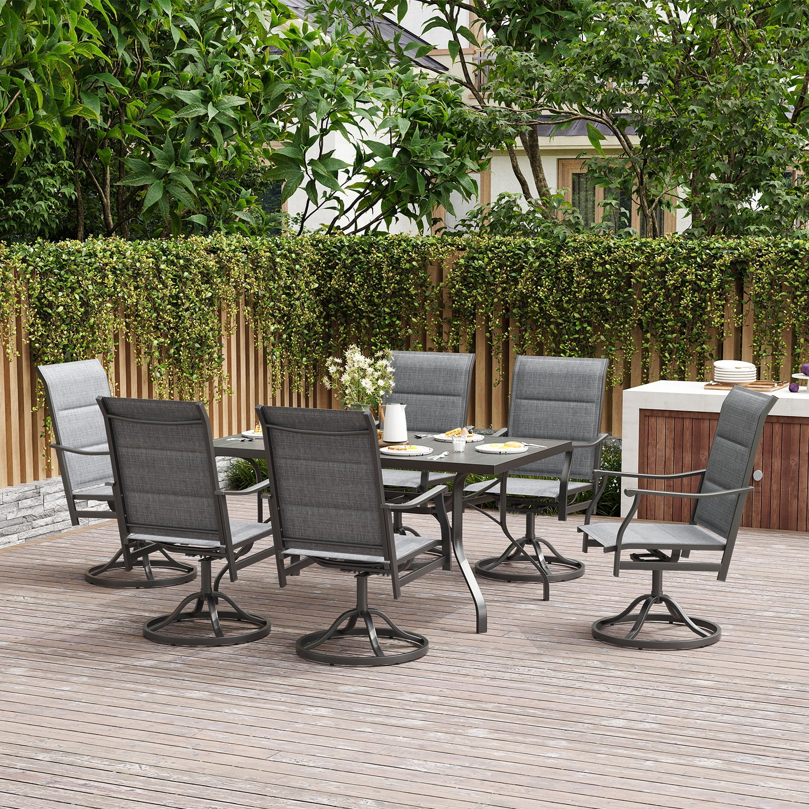 MAYEERTY 7-Piece Patio Dining Set:1 Black Rectangular Table with 1.57" Umbrella Hole & 6 Gray Paded Swivel Textilene Chairs
