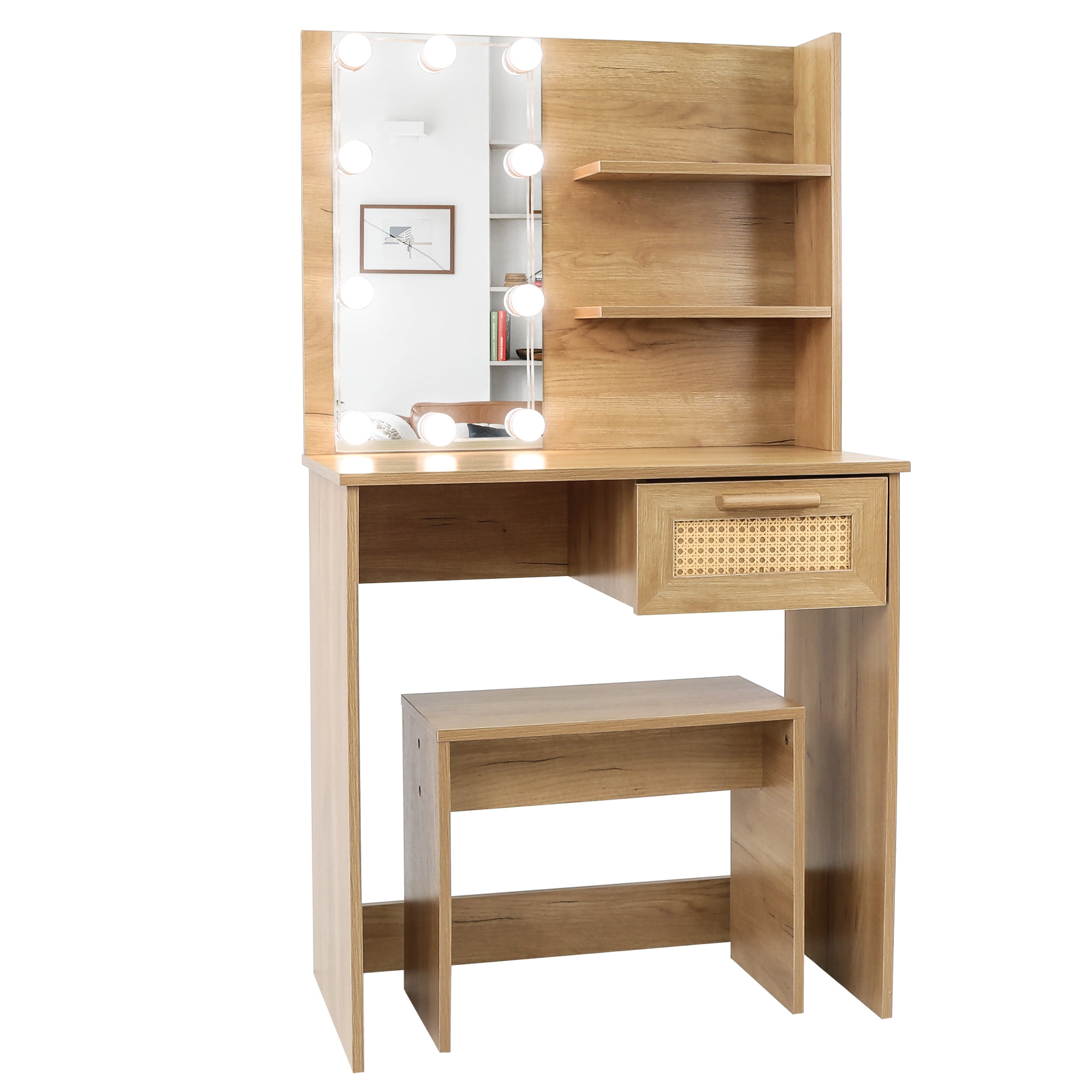 Spaco Makeup Table with LED Lighting Mirror, Makeup Vanity Desk with Modern Wood Cosmetic Table Chest of Drawers, Nature Spaco Makeup Table with LED Lighting Mirror, Makeup Vanity Desk with Modern Wood Cosmetic Table Chest of Drawers, Nature