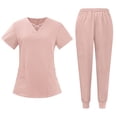 thumbnail image 2 of Scrubs for Women Set Modern V-Neck Top & 5 Pocket Jogger Pants Athletic Nursing Uniform Solid Stretch Workwear,Pink M, 2 of 7