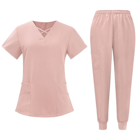 2 Pcs Scrubs Sets for Women Stretch Wide Leg Pants & V-Neck Short Sleeve Tops Plus Size Medical Scrub Sets Pink L