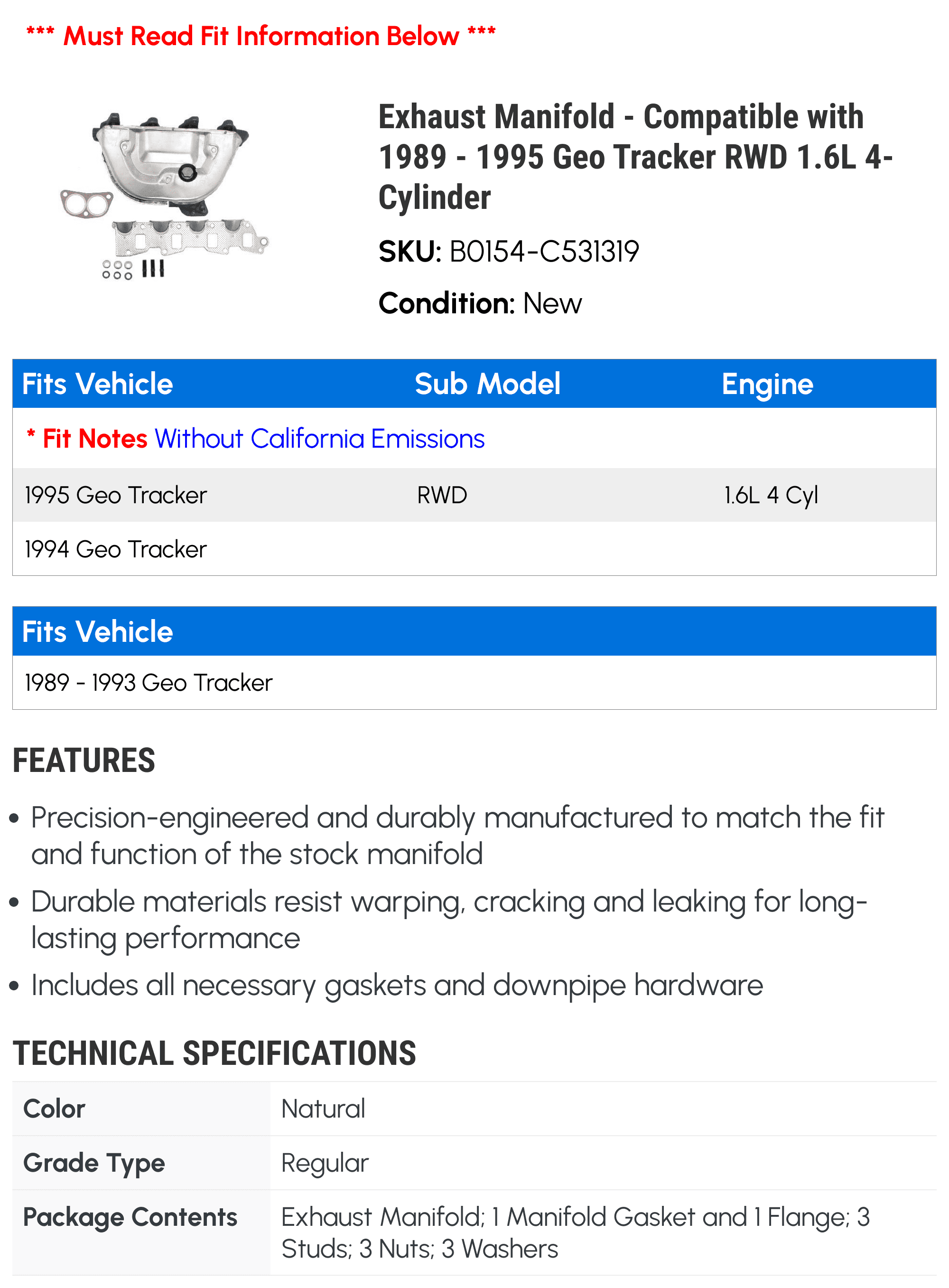Exhaust Manifold - Compatible with 1989 - 1995 Geo Tracker RWD 1.6L 4-Cylinder - Dorman