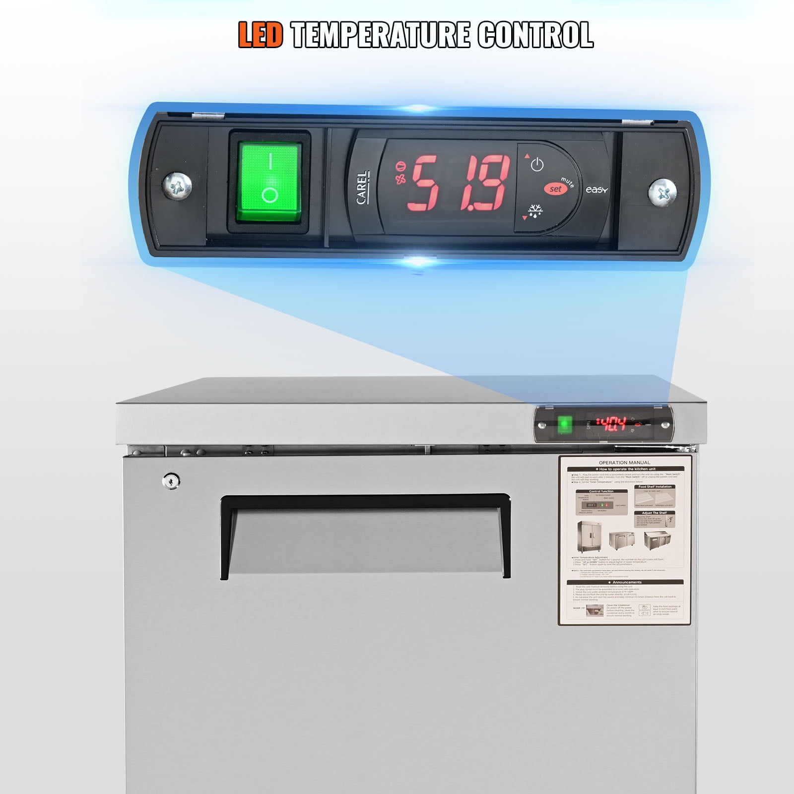 KFFKFF 28-inch Stainless Steel Undercounter Refrigerator, 7.4 Cu. Ft., with Fan Cooling and Lockable Door, Perfect for Kitchens and Bars